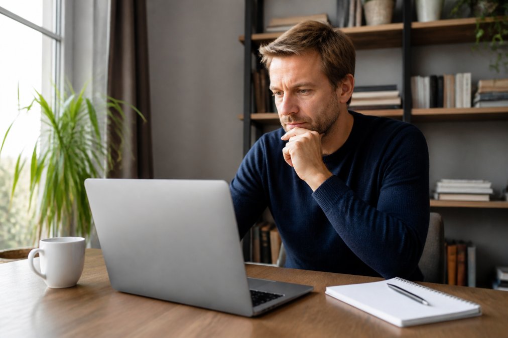 Betrouwbaar advies kiezen voor webhosting Website-eigenaar zittend aan bureau met laptop, geconcentreerd kijkend naar scherm met hostingopties, koffie en notitieboek op het bureau