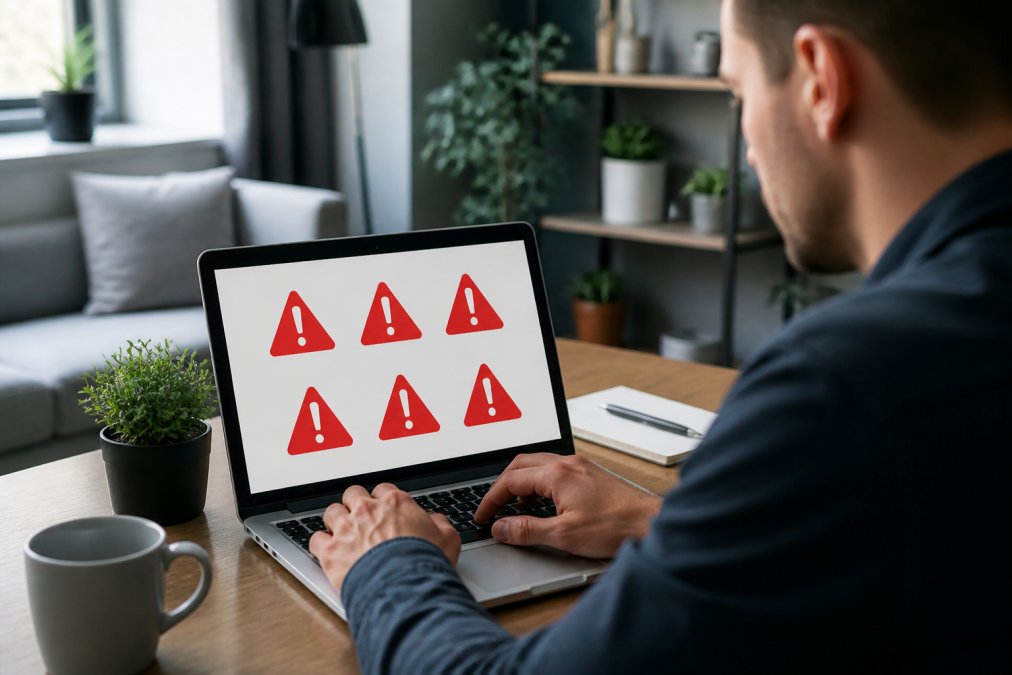 Betrouwbaar advies kiezen voor webhosting Close-up van handen die op laptop typen, met waarschuwingspictogrammen zichtbaar op het scherm, modern kantoor setting met natuurlijk licht