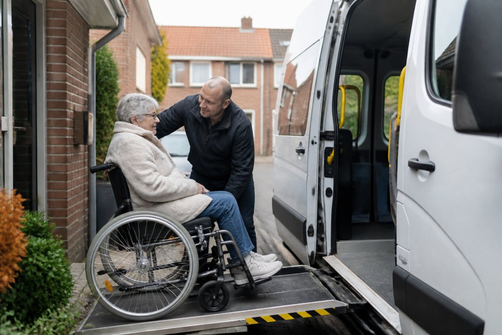 Vriendelijke chauffeur helpt een oudere vrouw bij betrouwbaar rolstoelvervoer senioren in een Nederlands taxibusje.