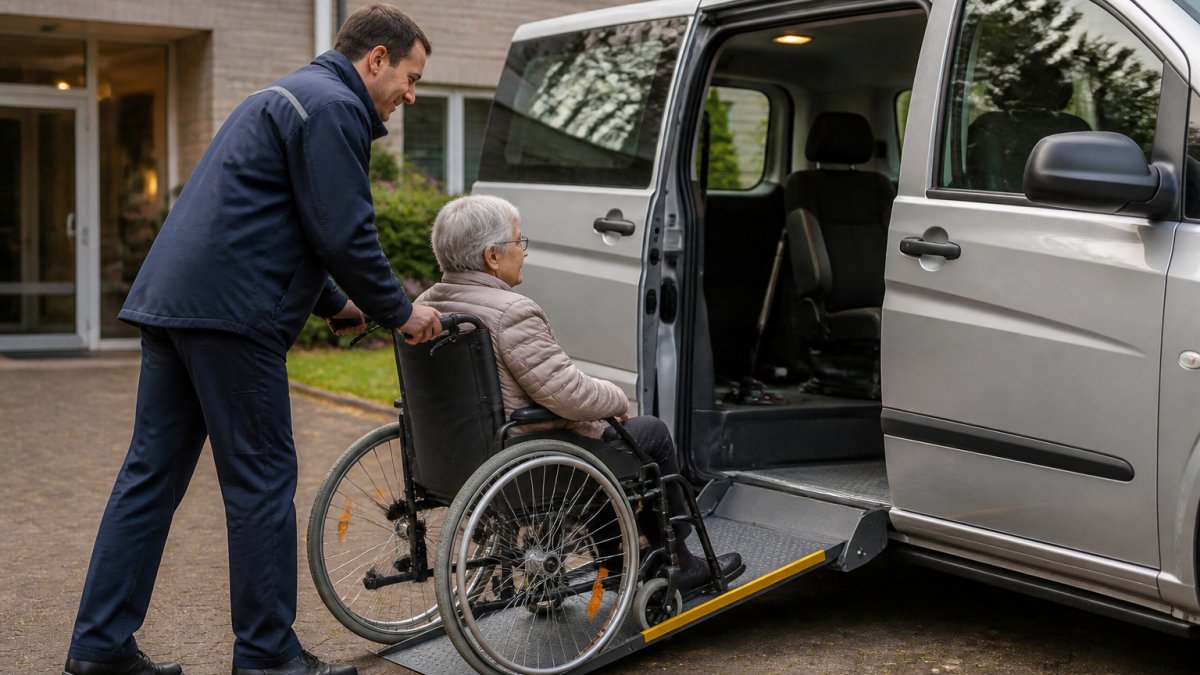 Professionele chauffeur helpt rolstoelgebruiker voorzichtig in aangepast voertuig in te stappen met aandacht en medische kennis zichtbaar in moderne zorgomgeving