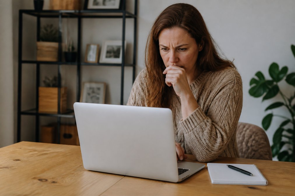 Een ouder die achter een laptop zit en met een kritische blik de website van een webshop bekijkt, met een notitieblok en pen ernaast op een lichte houten tafel