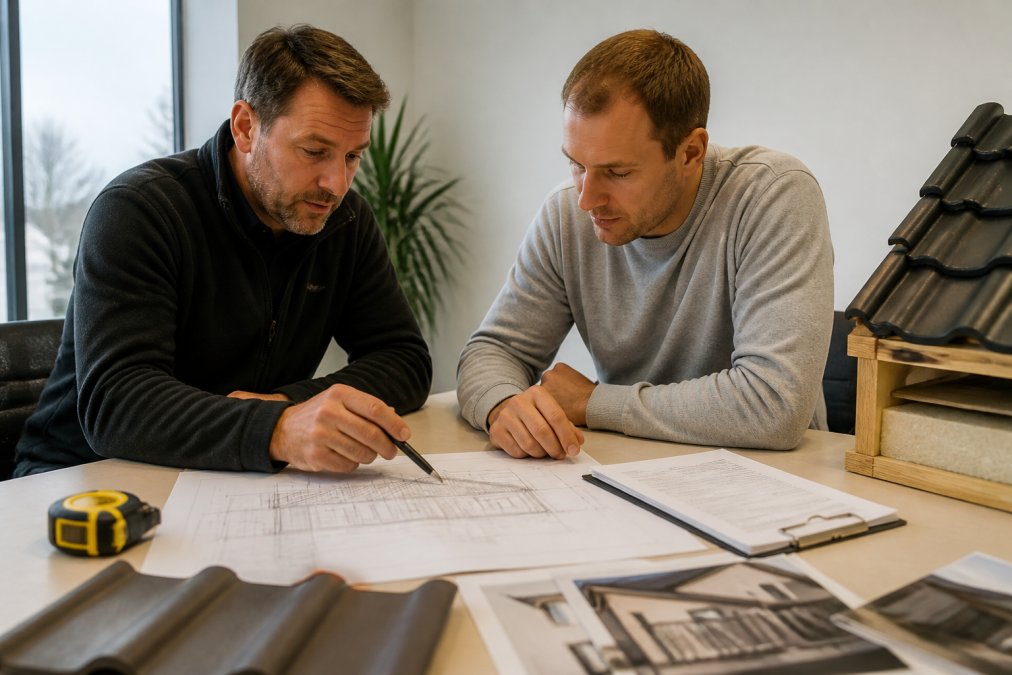 Huiseigenaar en professionele aannemer bespreken bouwplannen en technische tekeningen aan een tafel met documenten, meetlint en offertepapieren in een helder kantoor