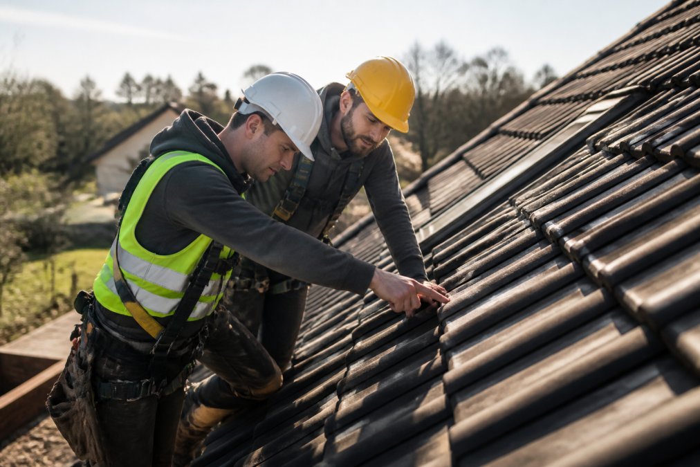 Professionele aannemer en huiseigenaar inspecteren dakwerk samen op een hellend dak met veiligheidsuitrusting en helmen in zonlicht, beide gericht op kwaliteitscontrole