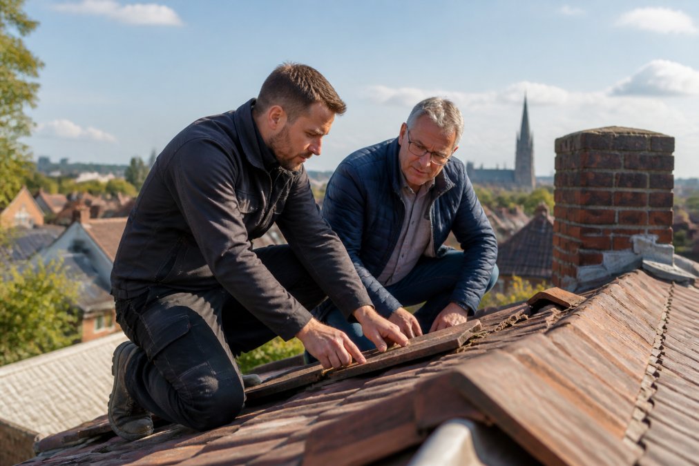 Professionele dakwerker en huiseigenaar op het dak in werkkleding, samen inspectie uitvoerend met aandacht voor detail, zonnig weer