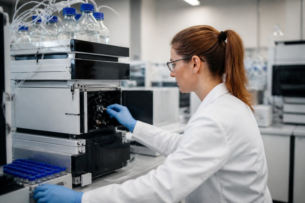 Onderzoeker die HPLC-analyseresultaten controleert op een computermonitor in een modern laboratorium, met chromatogrammen en zuiverheidsmetingen zichtbaar op het scherm, onder felle laboratoriumverlichting