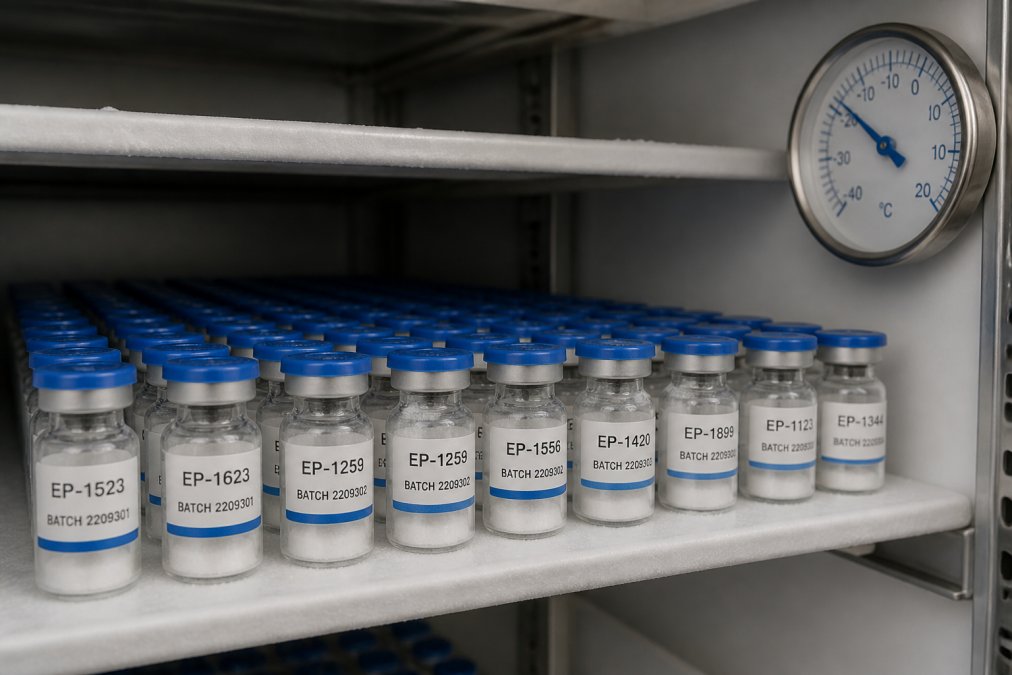 Rijen gevriesdroogde peptidepotjes met duidelijke batchnummers en labels in een gekoelde laboratoriumkast, met thermometer zichtbaar op -20°C, onder laboratoriumverlichting