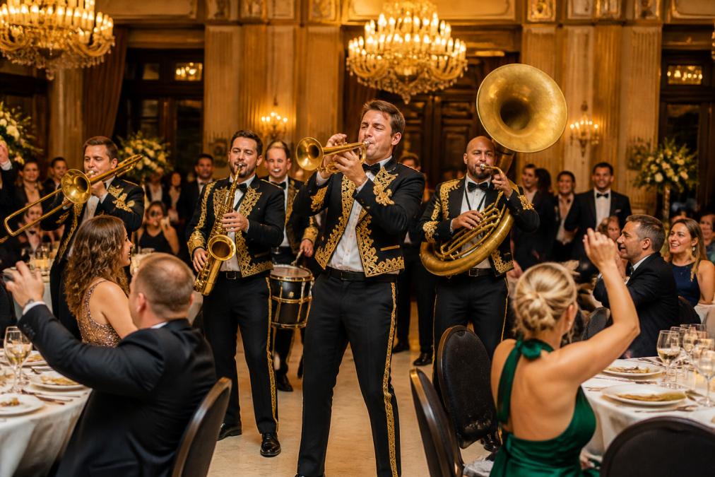 Energieke brassband in gala-outfits die optreedt in een stijlvolle feestzaal met kroonluchters, terwijl geklede gasten aan ronde tafels enthousiast meekijken en meebewegen op de muziek