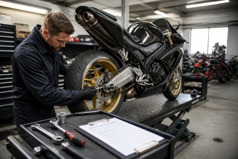 Een monteur in werkplaatskleding inspecteert een exclusieve sportmotor op een hefbrug, inspectieformulier en gereedschap op de werkbank naast hem, helder werkplaatslicht