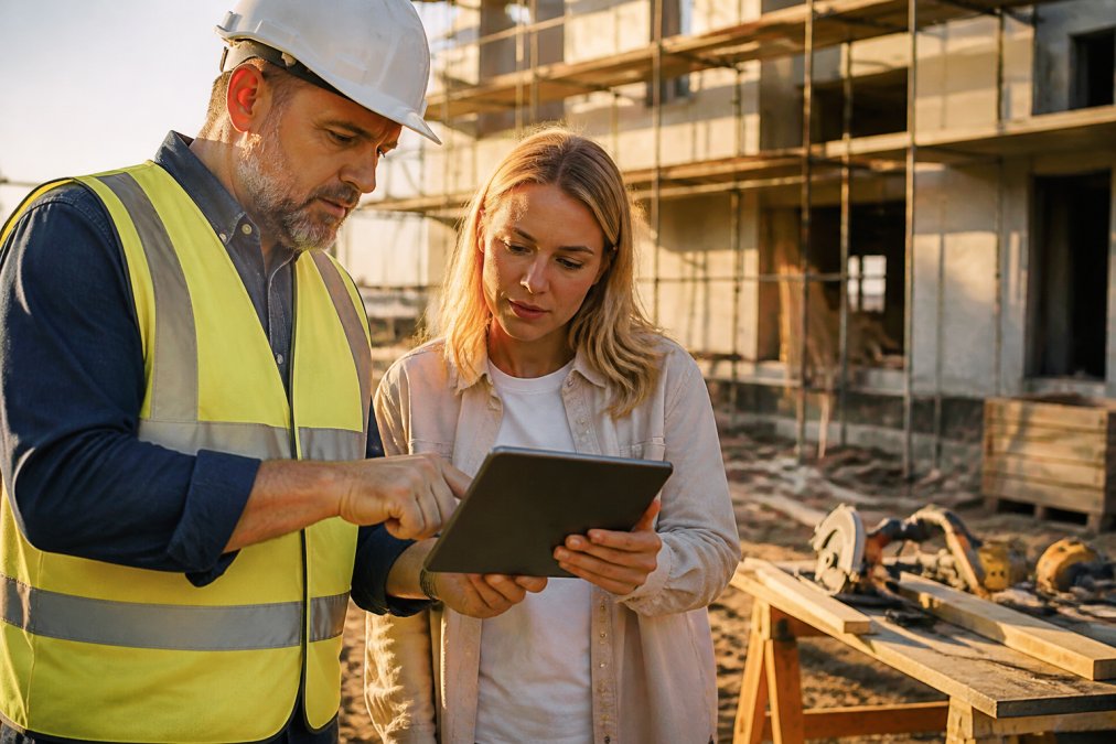 Een bouwmanager en een marketingmedewerker bekijken samen een tablet met leadgegevens op een bouwlocatie, op de achtergrond een half afgebouwd gebouw en gereedschap in warm middaglicht