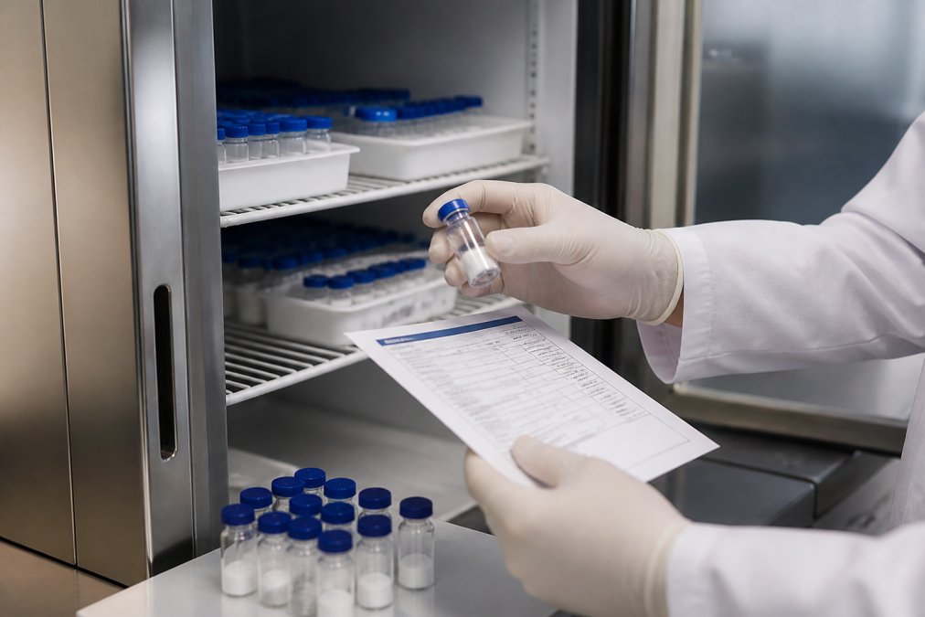 Voorzichtige handen van onderzoeker die een gevriesdroogde peptide-vial met label en analysecertificaat uit een koelkast halen, met andere gelabelde samples op de werkbank