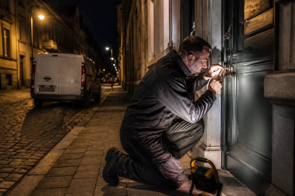 A locksmith in dark work clothing kneeling at a residential front door at night, using a lock pick tool under the light of a small work lamp, with a van parked on a quiet Antwerp street in the background