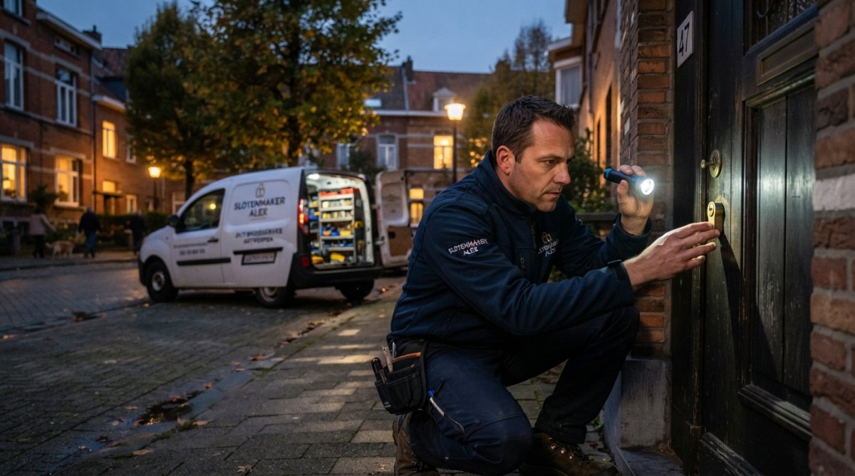 Een slotenmaker in werkuniform die 's avonds bij een voordeur in een Antwerpse woonwijk een cilinderslot inspecteert met een zaklamp, servicewagen met gereedschap op de achtergrond