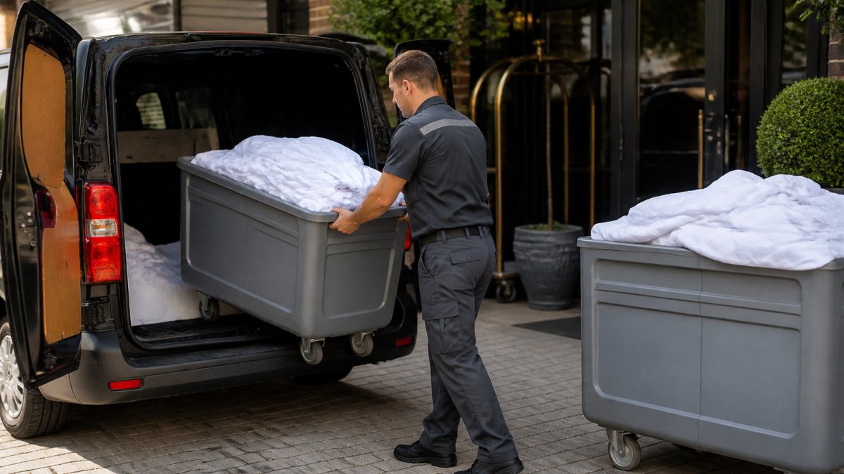 Professionele medewerker van wasserij laadt schoon linnengoed in grote containers in voertuig voor hotellevering, helder daglicht, schone werkkleding