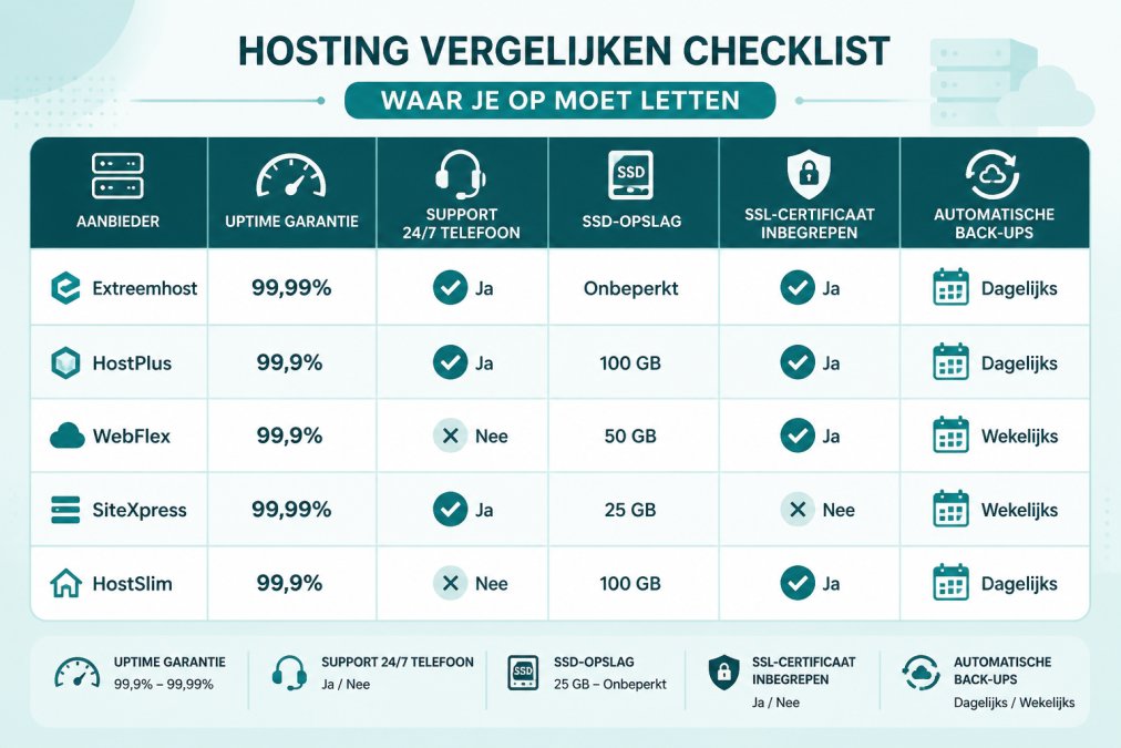 Betrouwbare webhosting kiezen: stap-voor-stap gids Vergelijkingsmatrix van webhosting-aanbieders met kolommen voor uptime garantie (99,9% tot 99,99%), support bereikbaarheid (24/7 telefoon ja/nee), SSD-opslag (25GB tot onbeperkt), SSL-certificaat inbegrepen (ja/nee), en automatische back-ups (dagelijks/wekelijks)