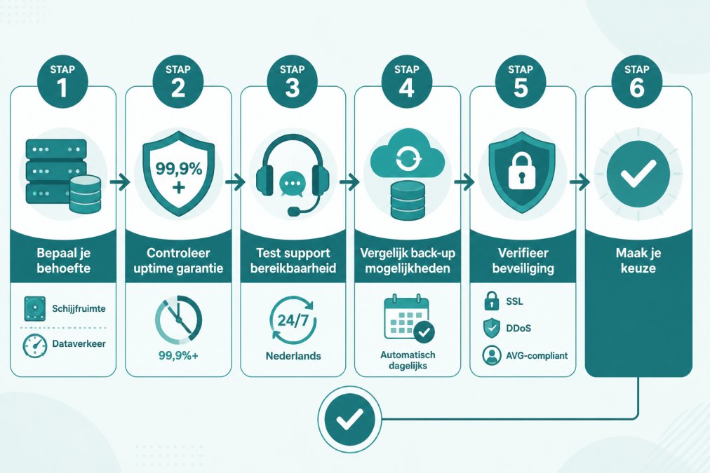 Betrouwbare webhosting kiezen: stap-voor-stap gids Stap-voor-stap beslisboom voor het kiezen van webhosting: Stap 1 Bepaal je behoefte (schijfruimte, dataverkeer) → Stap 2 Controleer uptime garantie (99,9%+) → Stap 3 Test support bereikbaarheid (24/7 Nederlands) → Stap 4 Vergelijk back-up mogelijkheden (automatisch dagelijks) → Stap 5 Verifieer beveiliging (SSL, DDoS, AVG-compliant) → Stap 6 Maak je keuze