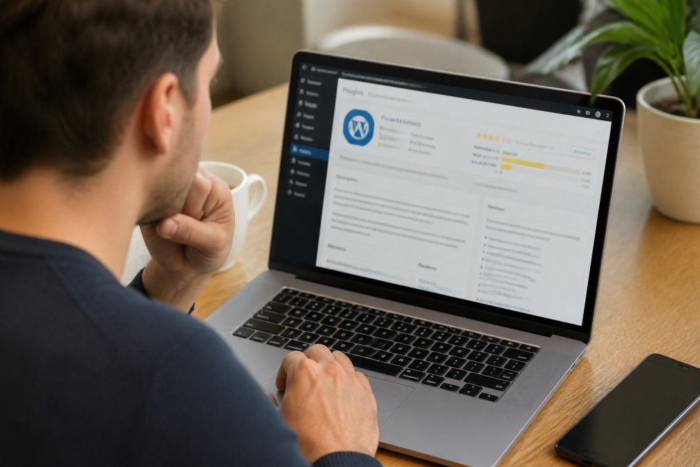 Betrouwbare WordPress plugins vinden: 5 tips Close-up van een laptopscherm met WordPress plugin repository open, iemand leest de details van een plugin voordat deze wordt geïnstalleerd