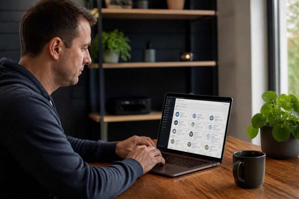 Betrouwbare WordPress plugins vinden: 5 tips Handen aan het toetsenbord, WordPress dashboard zichtbaar met plugin installatieproces actief op het scherm