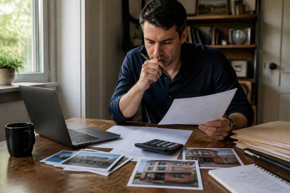 Real estate investor reviewing deal documents to compare bridge loan alternatives at a desk