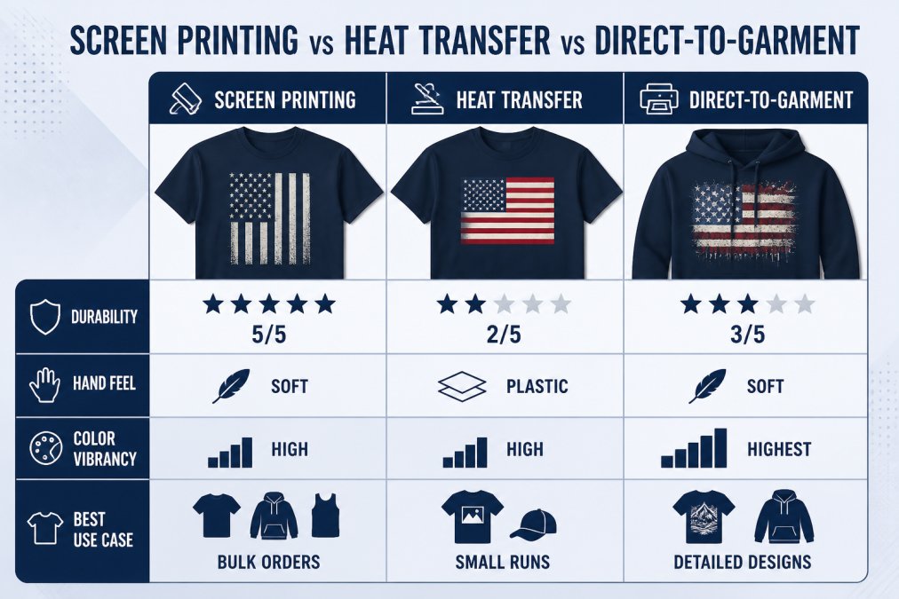 Comparison matrix of screen printing vs heat transfer vs direct-to-garment showing durability rating 5/5, 2/5, 3/5, hand feel soft/plastic/soft, color vibrancy high/high/highest, and best use case for each