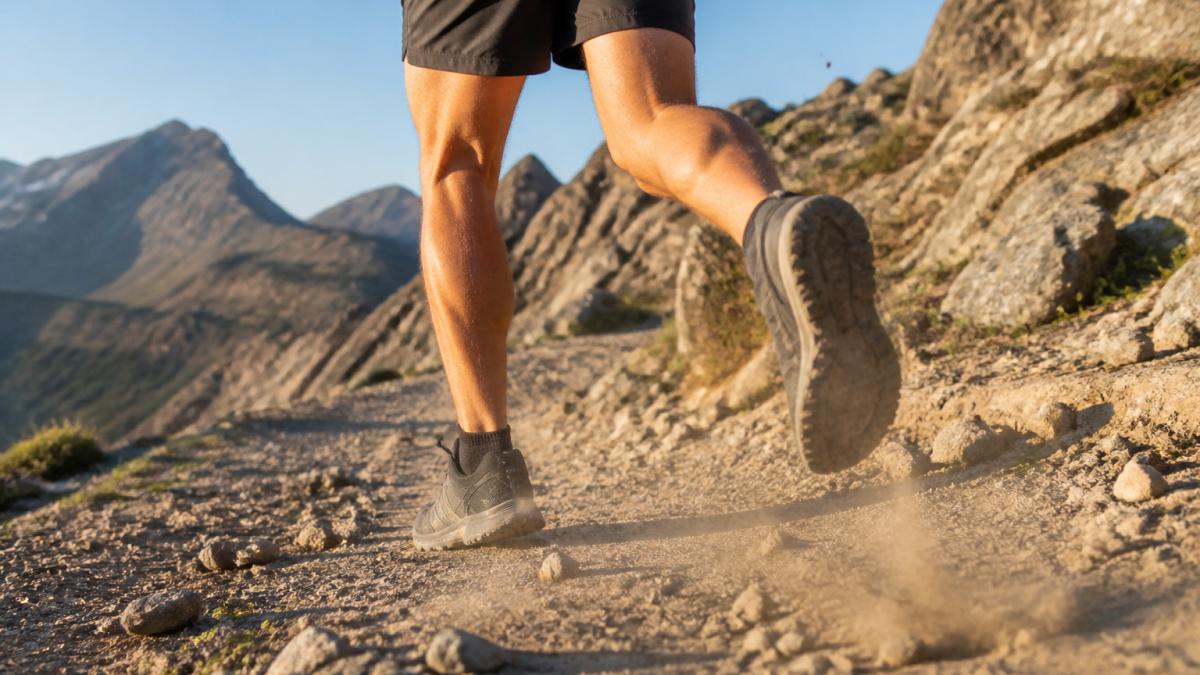 Trail runner mid-stride on rocky mountain terrain with low-cut socks visible above shoe collar, dust and small rocks visible on the trail surface, morning sunlight casting shadows across the rocky path