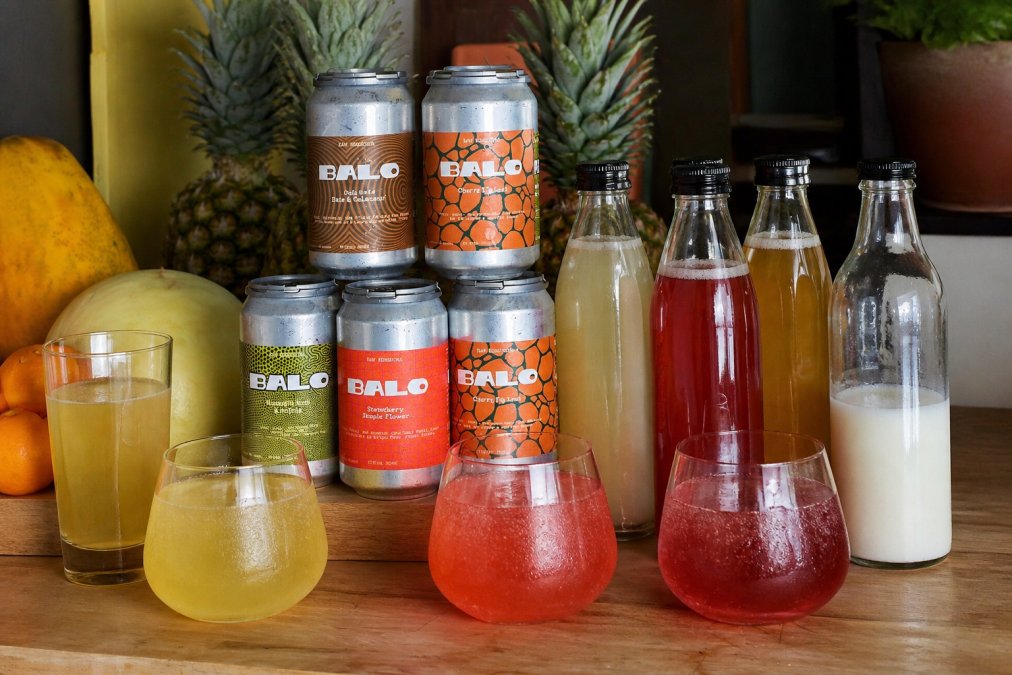 Variety of fermented beverages in glasses and bottles arranged on a wooden table, showing different colors and textures of kombucha, shrubs, and kefir drinks