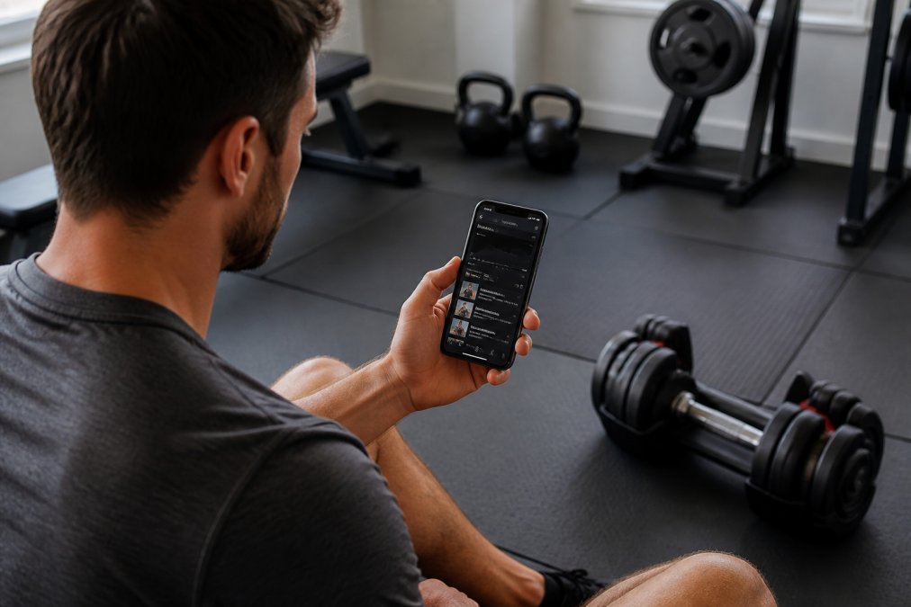 Person holding smartphone displaying a strength training app interface with detailed workout metrics, exercise library, and progression charts, seated in a home gym with adjustable dumbbells visible on a mat