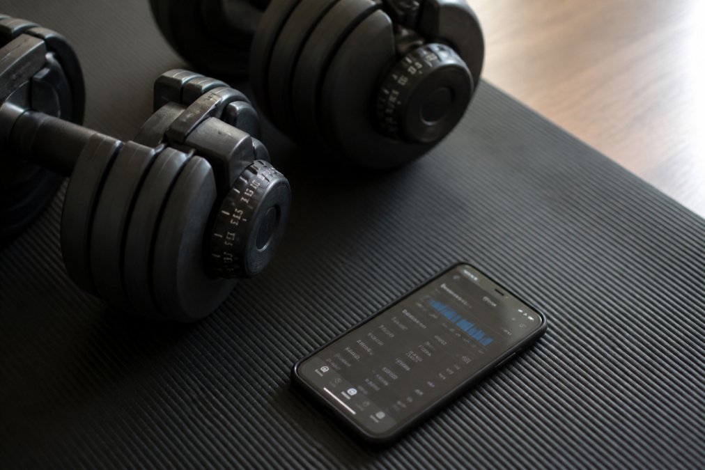 Close-up of adjustable dumbbells resting on a workout mat next to a smartphone displaying a strength training app with progression charts and workout history, emphasizing the integration of digital tracking and physical resistance equipment