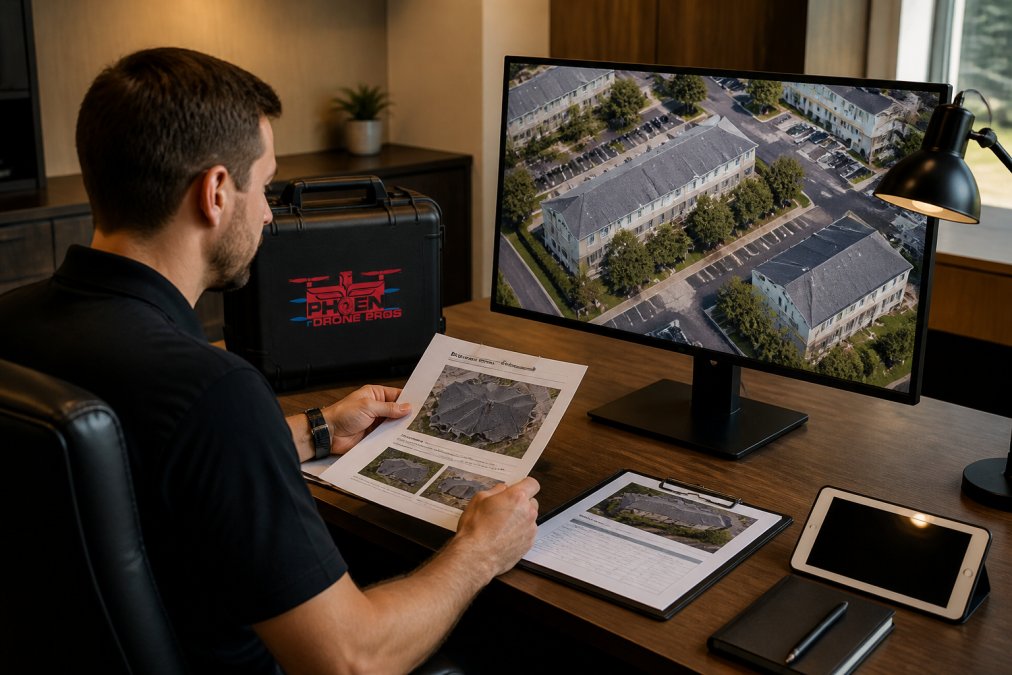 A property manager sitting at a desk reviewing high-resolution aerial roof imagery on a large monitor, with printed inspection reports and a tablet beside them, in a modern professional office with warm overhead lighting