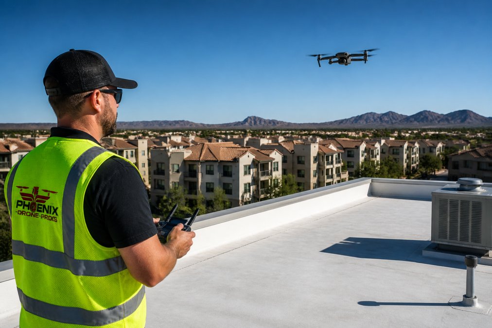 An FAA-certified drone operator in a high-visibility vest piloting a professional drone low over a commercial flat roof on a clear sunny day, with a large multi-unit residential property visible below and blue sky in the background