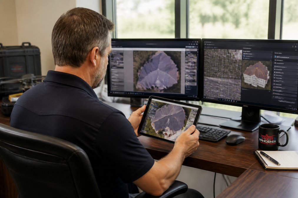 Insurance claims adjuster reviewing drone-collected aerial property data on tablet at office desk with multiple monitors showing property assessment software