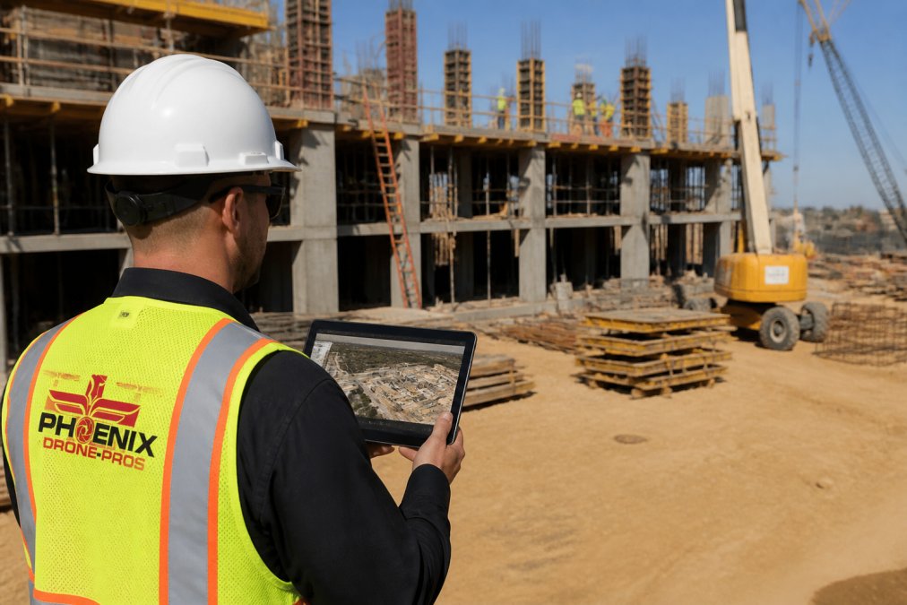 Construction site manager reviewing aerial property data on tablet while standing at active job site with buildings visible in background
