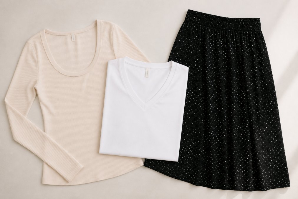 Overhead flat lay of Betty Be Good Boutique clothing pieces arranged on a neutral background showing the Ribbed Scoop Long Sleeve Top, Cotton V-Neck Layering Tee, and Black Polka Dot Midi Skirt together, highlighting style variety and quality fabrics with natural lighting