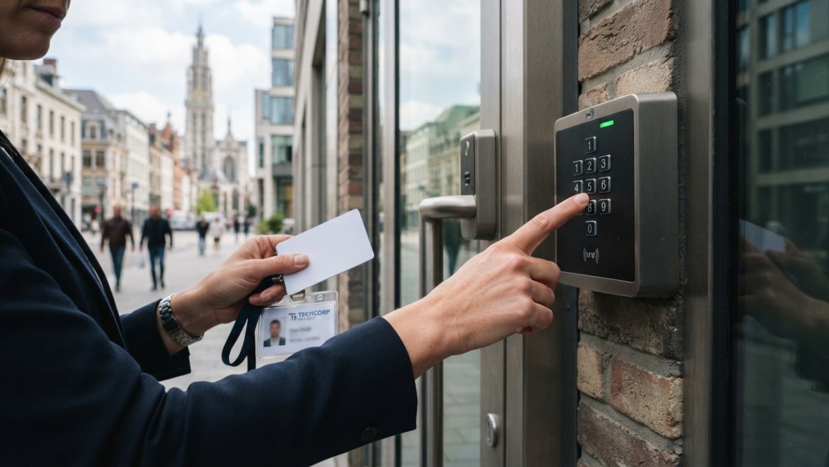 Close-up van een hand die een digitaal toegangscontrolepaneel bij de ingang van een modern kantoorpand in Antwerpen bedient, met een sleutelkaart en een badge in de andere hand