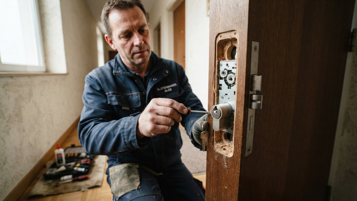 Professionele slotenmaker installeert een modern veiligheidsslot in een appartementsdeur in Antwerpen, close-up van de cilinder en het mechanisme met natuurlijke verlichting