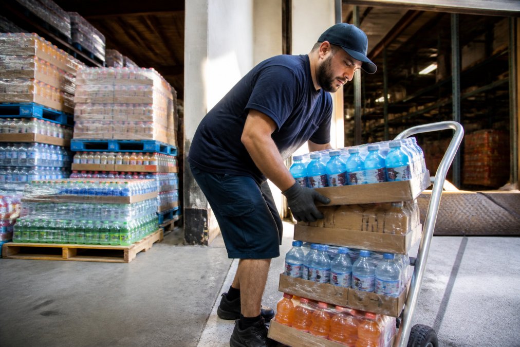 Route driver loading cases of beverages onto a hand truck at a warehouse dock, demonstrating proper lifting posture and manual material handling technique with organized product pallets in background