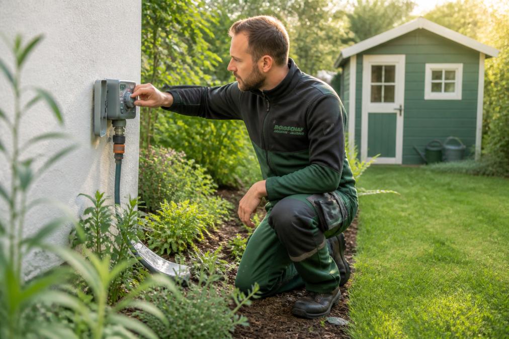 A gardener in work clothes kneeling beside a garden bed, adjusting a wall-mounted irrigation computer with a hose connected, green plants and a garden shed in the background, morning light