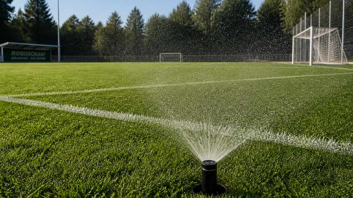 Ein Versenkregner auf einer gepflegten Rasenfläche eines Sportplatzes, der gerade Wasser in einem gleichmäßigen Fächer versprüht, im Hintergrund sind Spielfeldlinien und Tore erkennbar