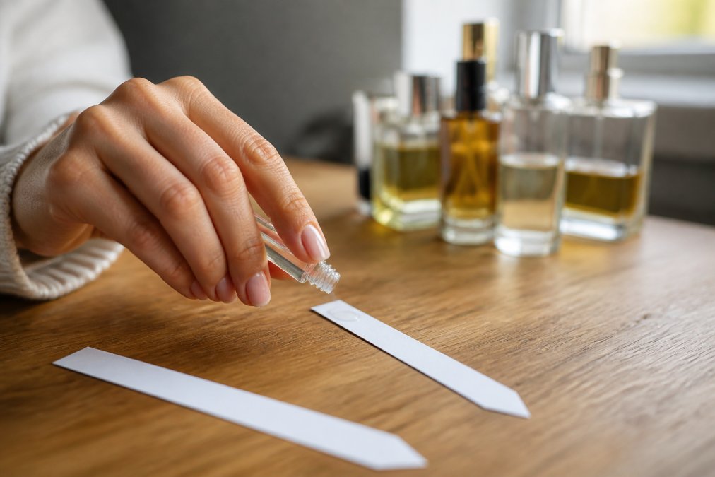 Close-up of a hand holding a small glass sample vial and applying a drop to a scent testing paper strip on a clean wooden table, with soft natural window light and a few perfume bottles blurred in the background