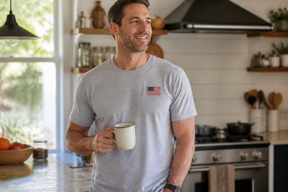 Man in his thirties wearing a heather-gray graphic tee with patriotic style flag embroidery while holding coffee