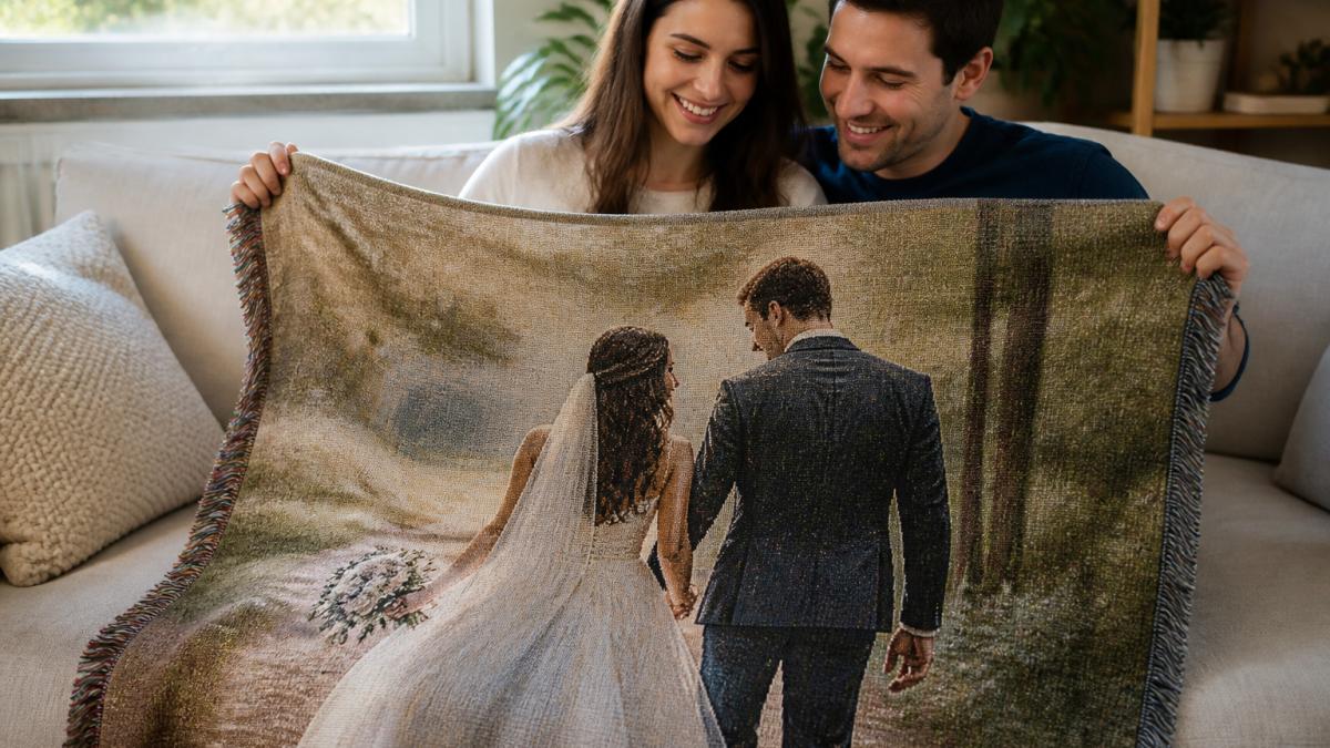 A couple sitting together on a couch, smiling while holding a custom woven blanket featuring their wedding photo, soft natural light streaming through nearby window