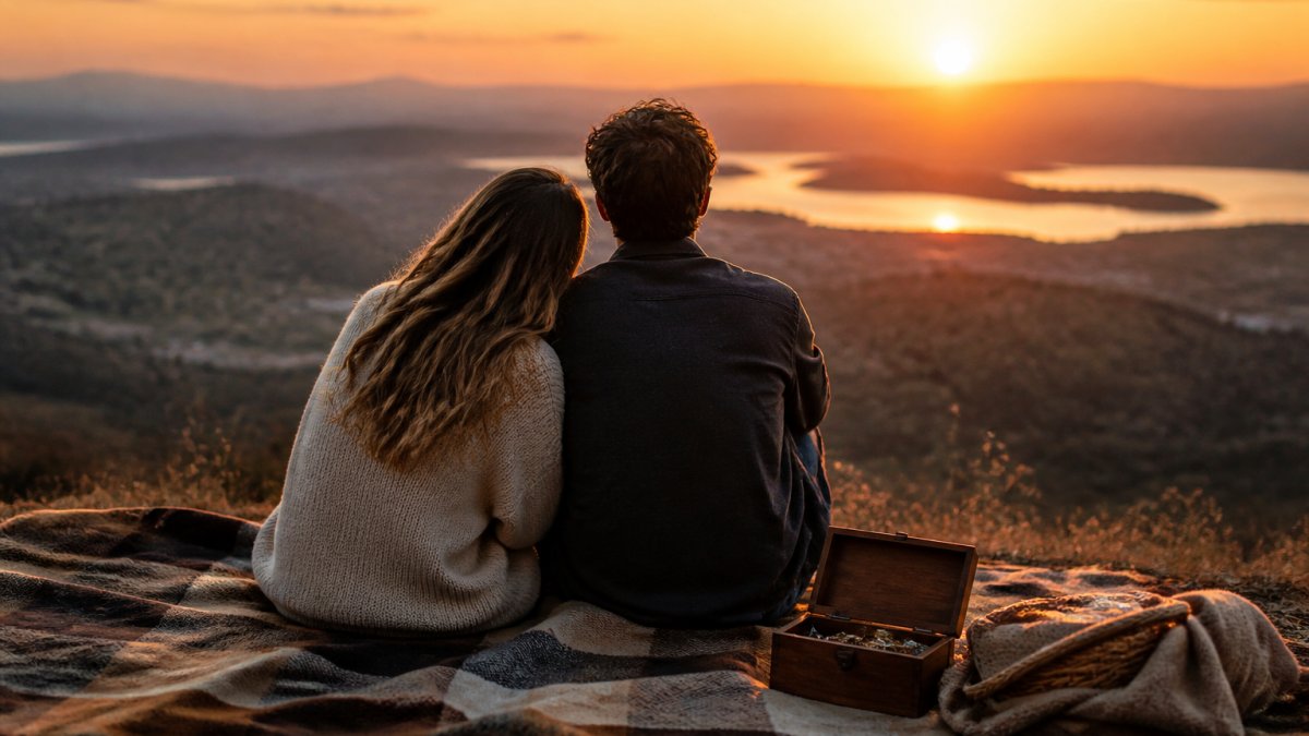 Couple sitting together at sunset on a scenic overlook, sharing a quiet moment with personalized keepsakes nearby, warm golden light