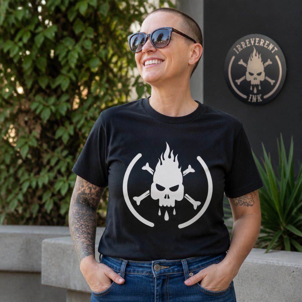 Person wearing a witty, bold-statement cancer survivor graphic tee standing confidently outdoors in natural daylight, the design clearly visible on the chest, showing genuine confidence and ease