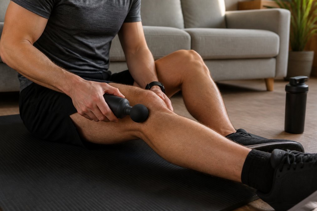Person using a cordless massage roller on their leg after a workout session, showing practical application in a home recovery setup with natural lighting