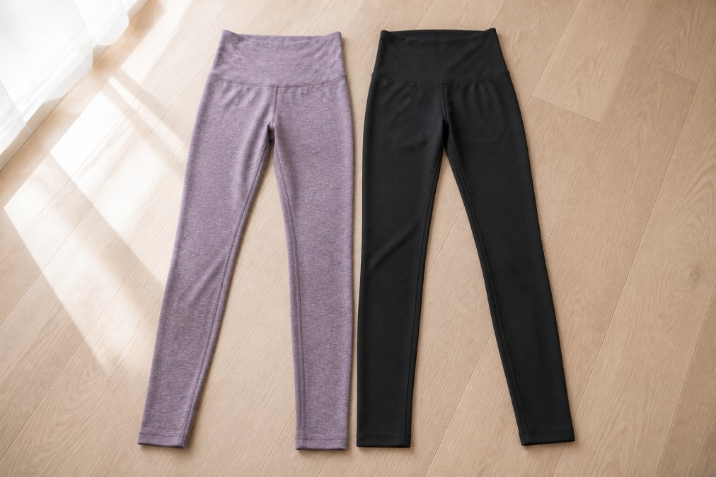 Lavender Spacedye leggings next to dark bamboo leggings for a beyond yoga vs tasc performance comparison.