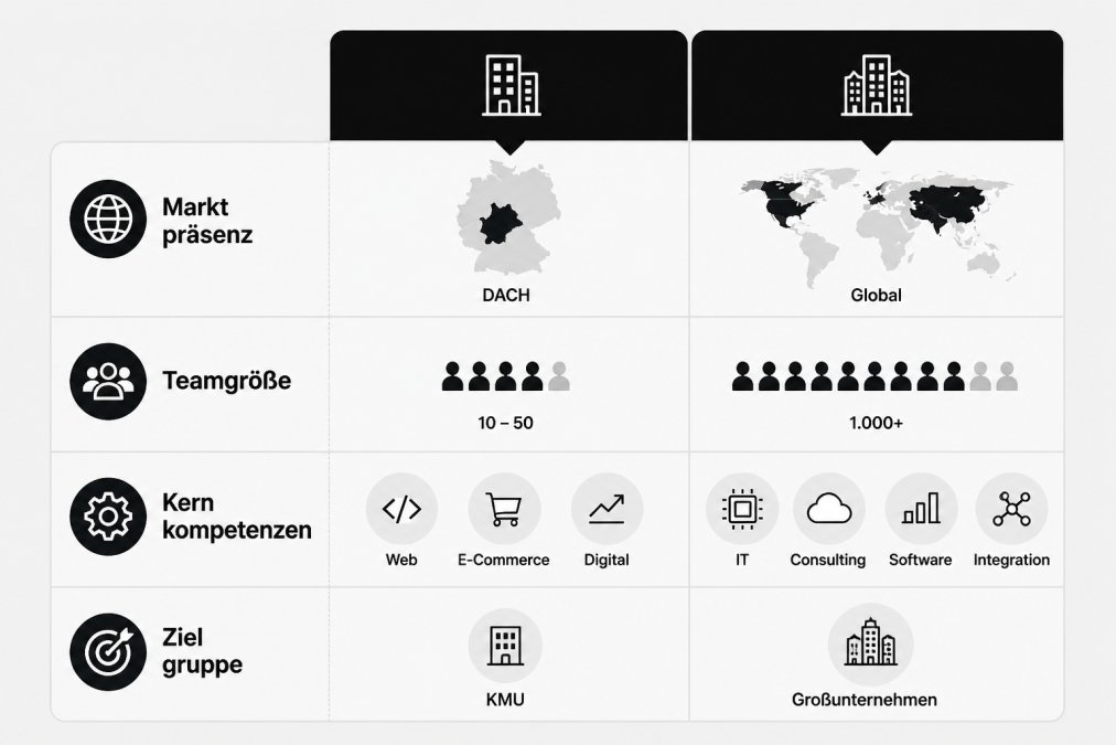 Schwarz-weiße Vergleichsmatrix mit den Kategorien Marktpräsenz, Teamgröße, Kernkompetenzen und Zielgruppe für beyonddigital und valantic