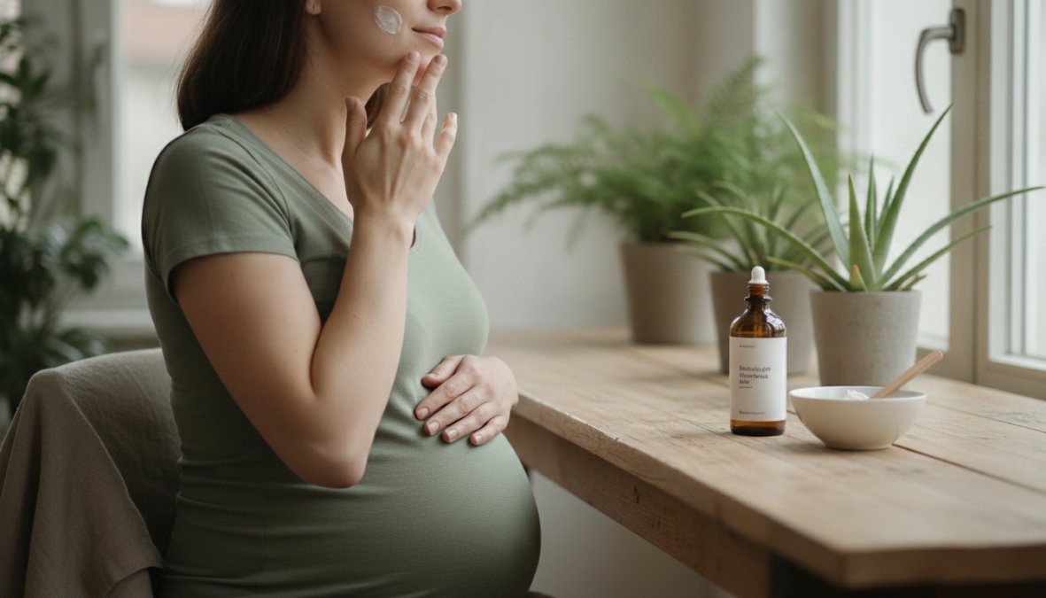 Těhotná žena nanáší přírodní krém na obličej jako bezpečná kosmetika v těhotenství s lahvičkou bio produktu a rostlinami