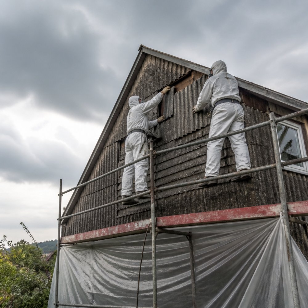 Pracovníci v ochranných oblecích a respirátorech demontují eternitové šablony ze staré fasády rodinného domu, plachta zachycující prach pod pracovištěm, zatažené nebe, realistický dokumentární styl