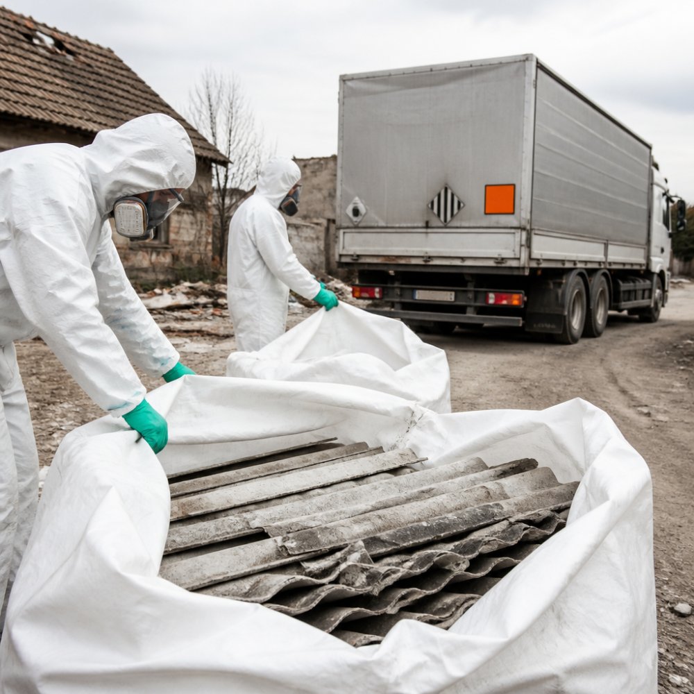 Pracovníci v ochranných oblecích a respirátorech balí azbestové desky do pevných neprodyšných obalů na staveništi, vedle stojí připravený nákladní vůz s označením nebezpečného nákladu
