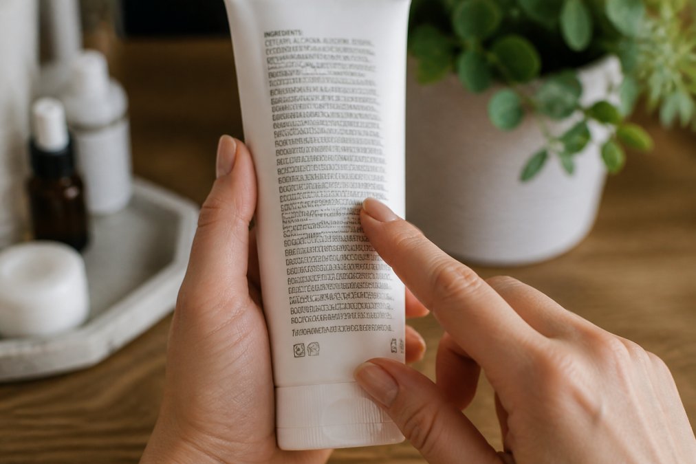 Detailní záběr na přední stranu kosmetického produktu s viditelným seznamem složení, čtení ingrediencí, přirozené osvětlení
