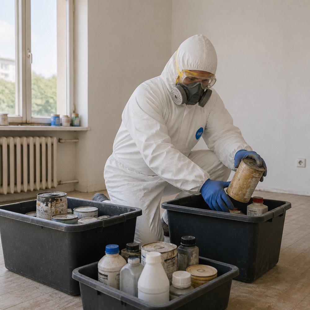 Pracovník v bílém ochranném obleku, rukavicích a respirátoru opatrně balí plechovky s barvami a chemikáliemi do označených plastových nádob v prázdném bytě, denní světlo z okna